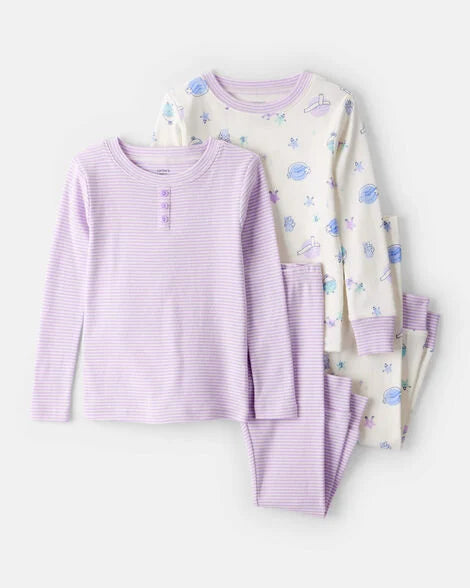 Carter's Baby Girl Space Star Print 100% Cotton Long-Sleeve Snug Fit 4-Piece Pajamas - White/Purple