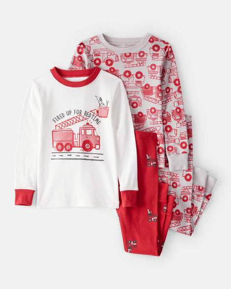 Carter's Baby Boy Firetruck Print 100% Cotton Long-Sleeve 4-Piece Pajamas - Red/White