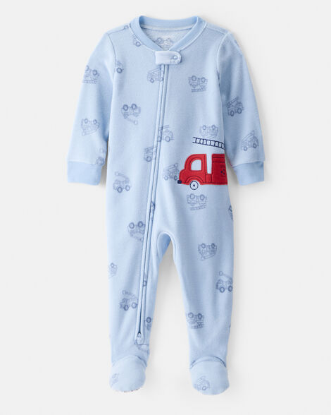 Carter's Baby Boy Firetruck Print Loose Fit Fleece 2-Way Zip 1-Piece Pajamas - Blue