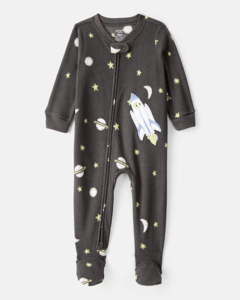 Carter's Baby Boy Spaceship Star Print Fleece Loose Fit 1-Piece Pajamas - Grey