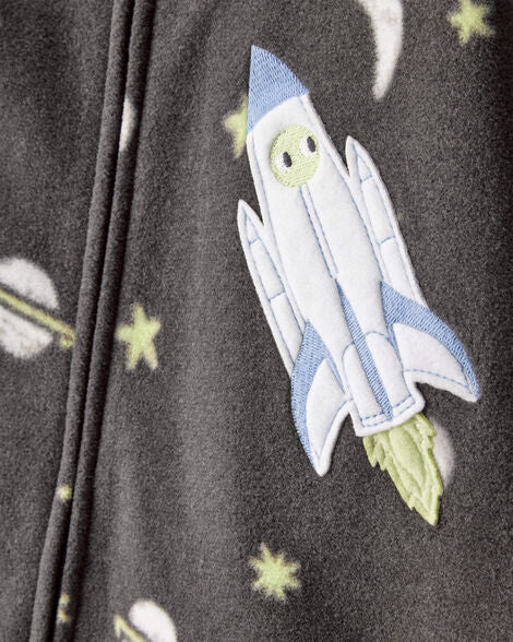 Carter's Baby Boy Spaceship Star Print Fleece Loose Fit 1-Piece Pajamas - Grey
