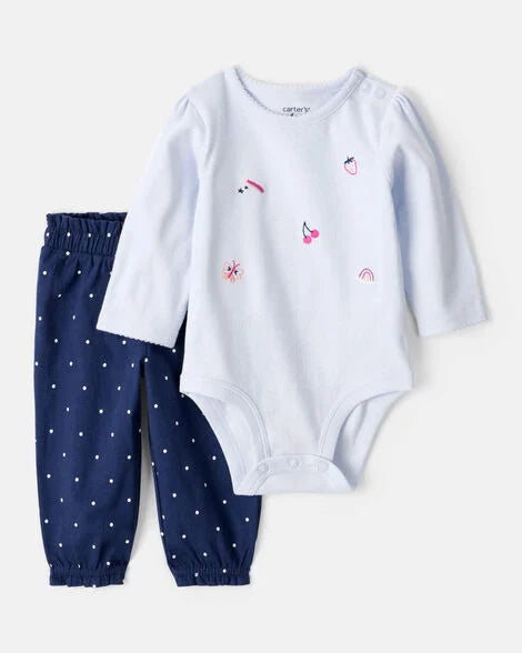 Carter's Baby Girl 2-Piece Fruit Print Cotton Long-Sleeve Bodysuit & Pant Set - Blue