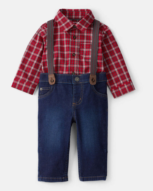 Carter's Baby Boy 3-Piece Plaid Print Long-Sleeve Shirt & Suspender Pant Set - Red/Denim