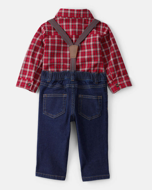Carter's Baby Boy 3-Piece Plaid Print Long-Sleeve Shirt & Suspender Pant Set - Red/Denim