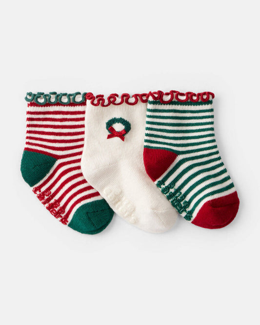 Carter's Baby Girl 3-Pack Christmas Striped Ankle Socks