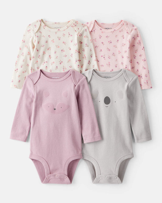 Carter's Baby Girl 4-Pack Koala Print Cotton Long-Sleeve Multipack Bodysuits - Purple/White/Pink