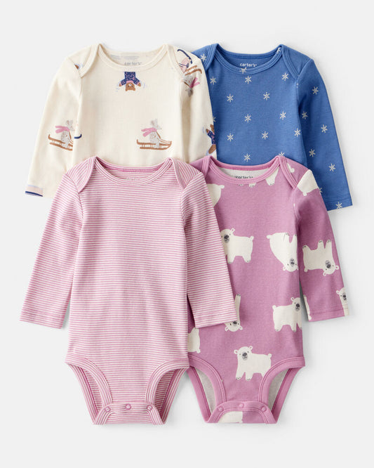 Carter's Baby Girl 4-Pack Polar Bear Print Cotton Long-Sleeve Multipack Bodysuits