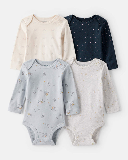 Carter's Baby Girl 4-Pack Unicorn Heart Print;Star Print Long-Sleeve Multipack Bodysuits