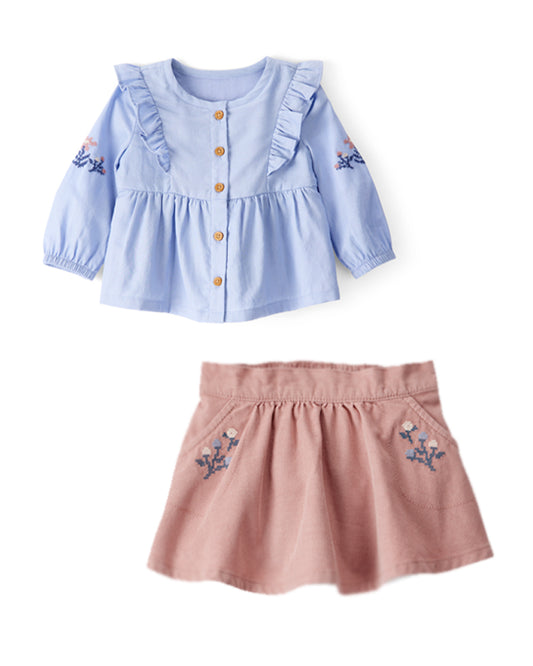 Oshkosh Baby Girl Embroidered Cotton Long-Sleeve Top with Corduroy Skirt