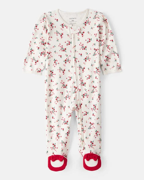 Carter's Baby Girl Bow Floral Print 100% Cotton Sleep & Play Pajamas - White/Red