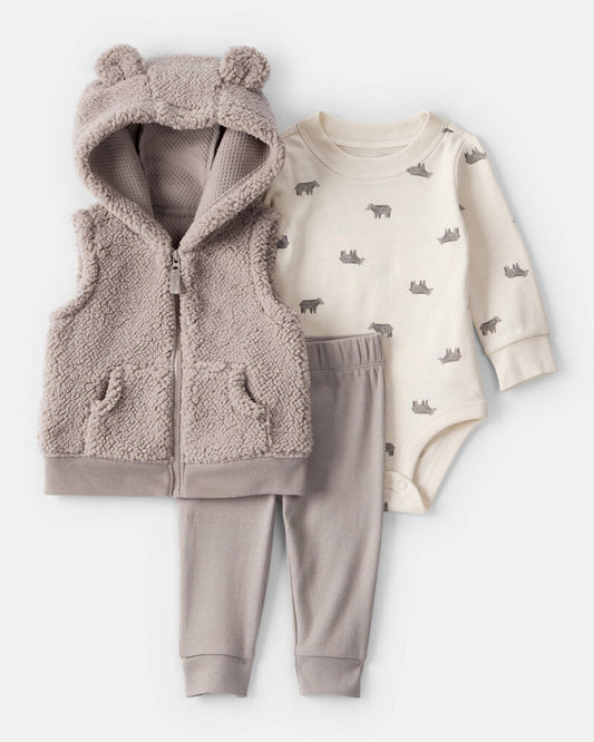 Carter's Baby Boy 3-Piece Bear Print Sleeveless Jacket, Bodysuit & Pant Set - Tan/Ivory