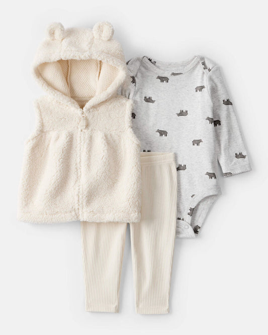 Carter's Baby Girl 3-Piece Bear Print Sleeveless Jacket, Bodysuit & Pant Set - White