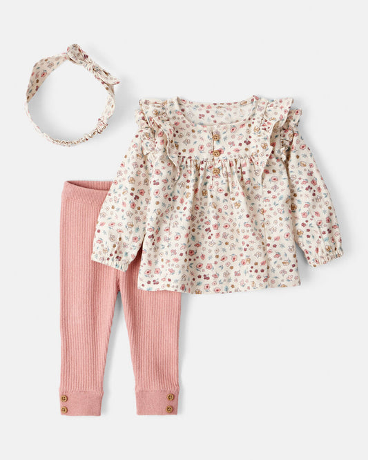 Carter's Baby Girl 3-Piece Cotton Tee & Pant Set - Pink