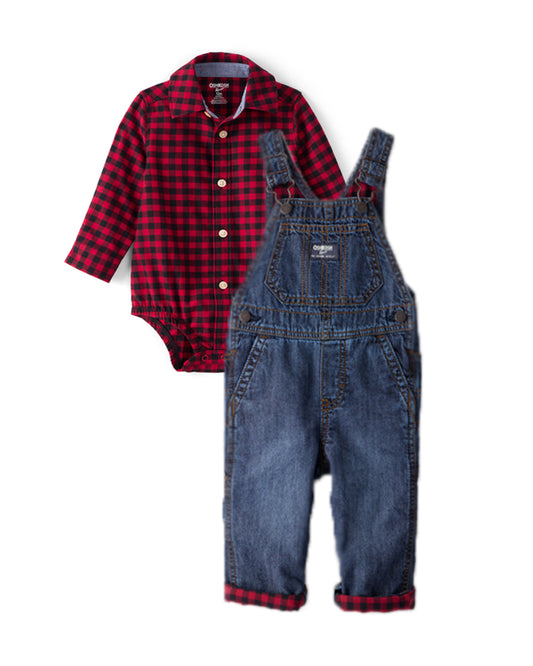 Oshkosh Baby Boy Plaid Cotton Long-Sleeve Button-Down Fashion Bodysuit with Buffalo Check Overalls