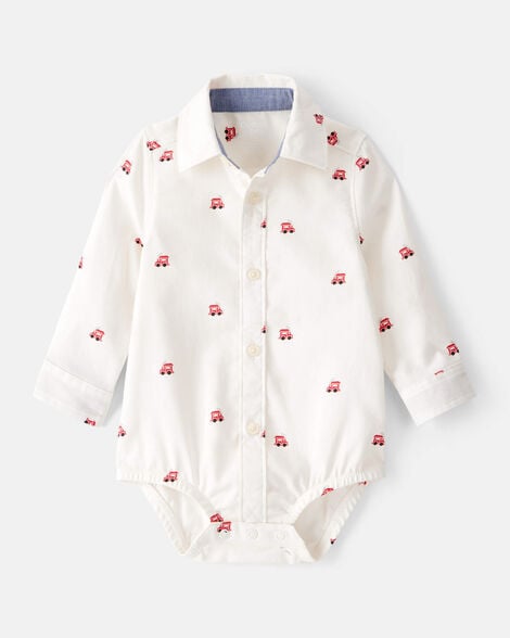 Oshkosh Baby Boy Train Print Button-Down Fashion Bodysuit with Herringbone Overalls