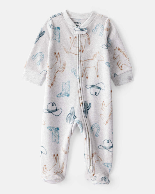 Carter's Baby Boy Western Cowboy Print Loose Fit Fleece Long-Sleeve Sleeper - Grey
