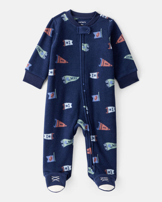 Carter's Baby Boy Sports Print Loose Fit Fleece Long-Sleeve Sleeper - Navy Blue
