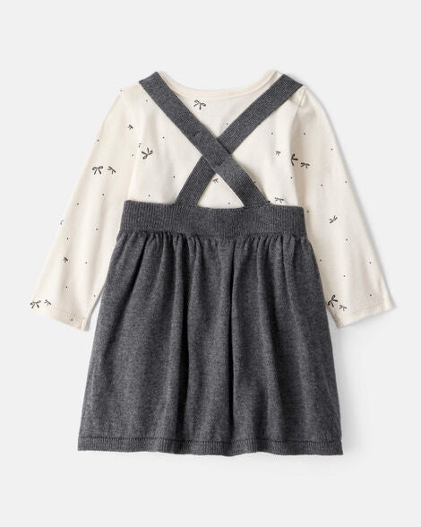 Carter's Baby Girl Bow Print Cotton Long-Sleeve Dress Set - Grey