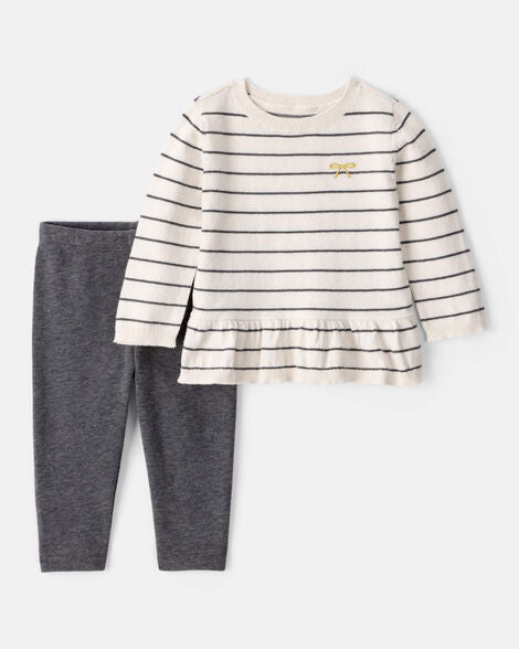 Carter's Baby Girl Bow Striped Long-Sleeve Tee & Pant Set - White/Grey