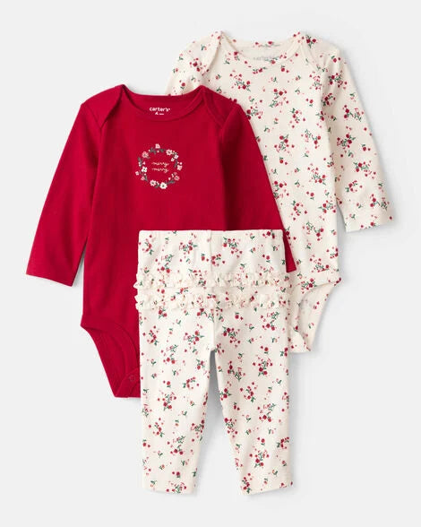 Carter's Baby Girl 3-Piece Floral Merry Cotton Bodysuits & Pant Set - White/Red