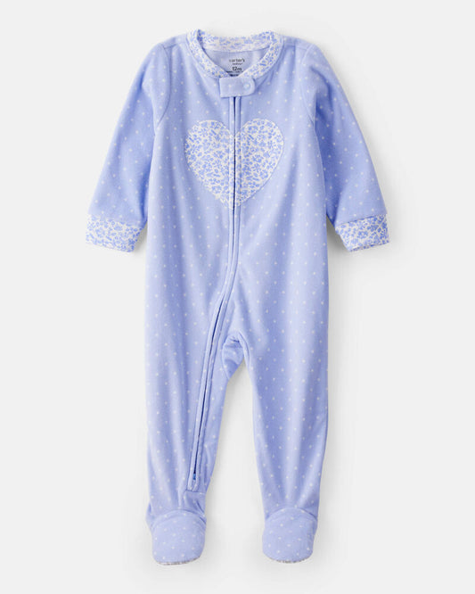 Carter's Baby Girl Heart Print Loose Fit Fleece Long-Sleeve 2-Way Zip 1-Piece pyjamas - Blue