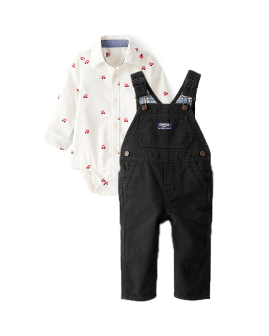 Oshkosh Baby Boy Train Print Button-Down Fashion Bodysuit with Herringbone Overalls