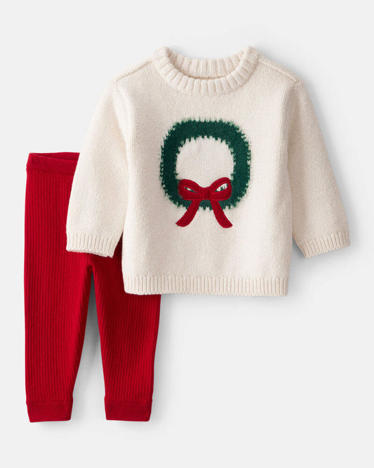 Carter's Baby Girl 2-Piece Wreath Long-Sleeve Sweater & Pant Set - White/Red