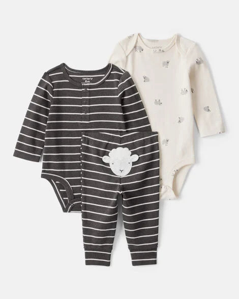 Carter's Baby Boy 3-Piece Striped Sheep Print Long-Sleeve Bodysuits & Pant Set - White/Black