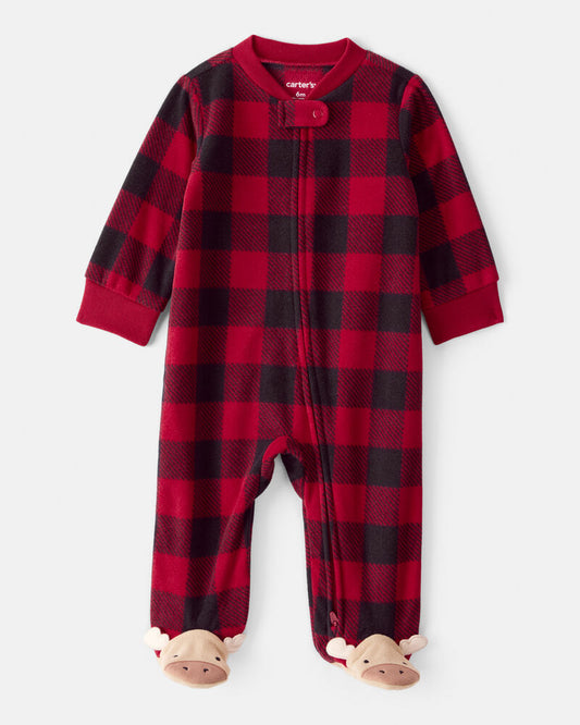 Carter's Baby Plaid Print Reindeer Christmas Loose Fit Long-Sleeve Sleeper - Red