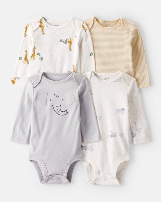 Carter's Baby 4-Pack Safari Print Cotton Long-Sleeve Multipack Bodysuits - White