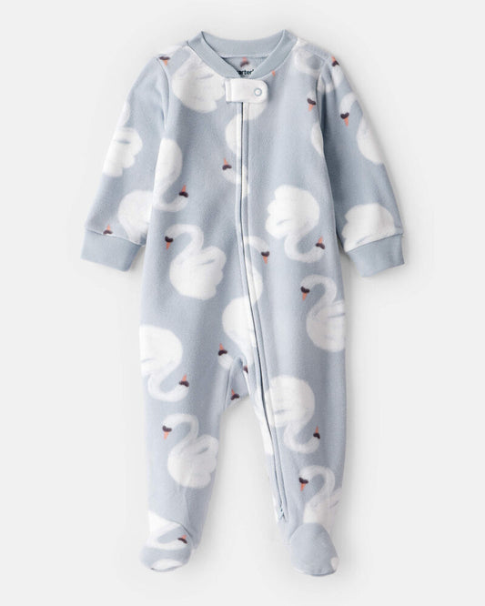 Carter's Baby Girl Swan Print Fleece Long-Sleeve Loose Fit Sleeper - Blue