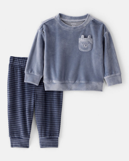 Carter's Baby Boy 2-Piece Bear Velour Sweatshirt & Jogger Set - Blue