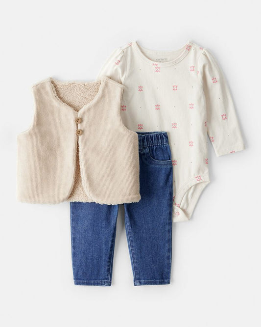 Carter's Baby Girl 3-Piece Floral Motif Velour Vest Outfitt Set
