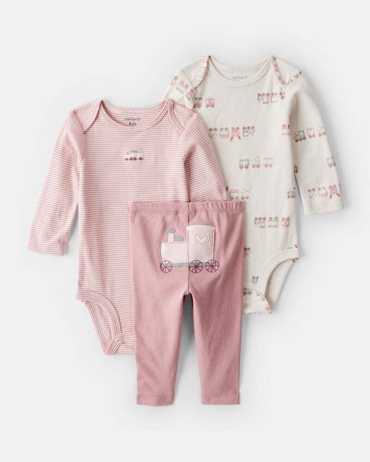 Carter's Baby Girl 3-Piece Train Print Long-Sleeve Bodysuit & Pant Set - Pink