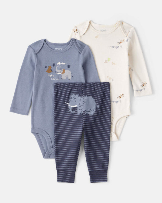 Carter's Baby Boy 3-Piece Elephant Print Long-Sleeve Bodysuit & Pant Set - Blue/White