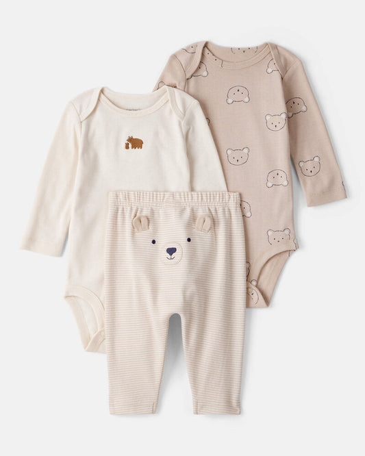Carter's Baby Boy 3-Piece Bear Print Long-Sleeve Bodysuit & Pant Set - Brown/White