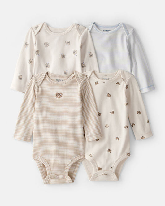 Carter's Baby 4-Pack Snack Time Long-Sleeve Multipack Bodysuits - Blue/White/Brown