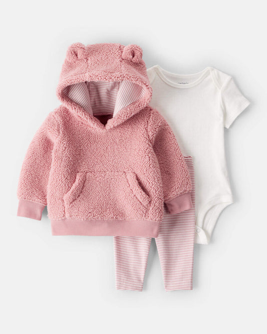 Carter's Baby Girl 3-Piece Bear Sherpa Long-Sleeve Bodysuit & Pant Set - Pink