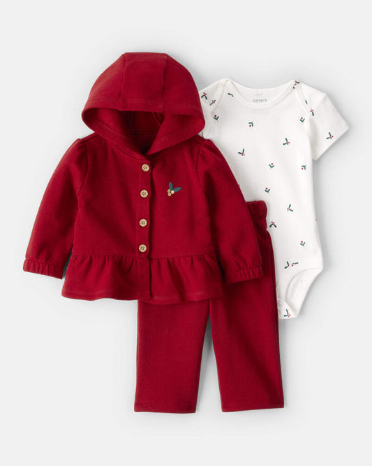 Carter's Baby Girl 3-Piece DayDream Fleece Floral Long-Sleeve Bodysuit & Pant Set - Red