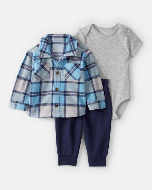 Carter's Baby Boy 3-Piece Plaid Shacket Outfit Set - Blue/Grey