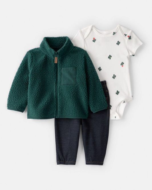 Carter's Baby Boy 3-Piece Cactus Fleece Zip-Up Jacket Outfit Set