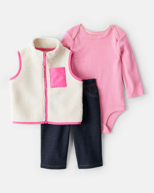 Carter's Baby Girl 3-Piece Fleece Vest Outfit Set - Pink