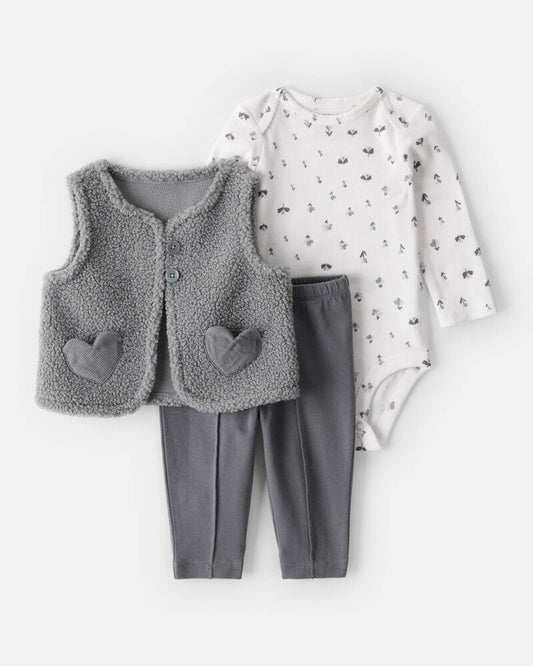 Carter's Baby Girl 3-Piece Sherpa Vest Outfit Set - Grey