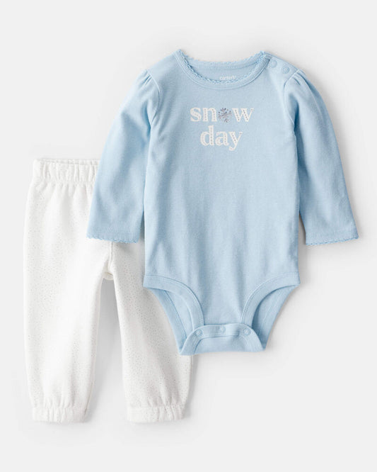 Carter's Baby Girl 2-Piece DayDream Fleece Snow Day Bodysuit & Pant Set - Cream/Blue