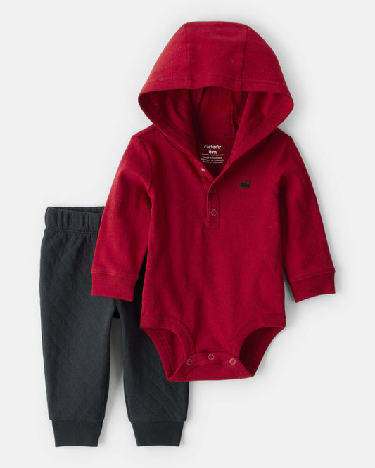 Carter's Baby Boy 2-Piece Train Hooded Bodysuit & Pant Set - Red/Black