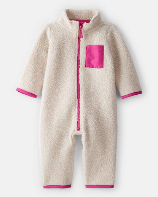 Carter's Baby Girl Colour Block Fleece Long-Sleeve Jumpsuit - Cream/Pink