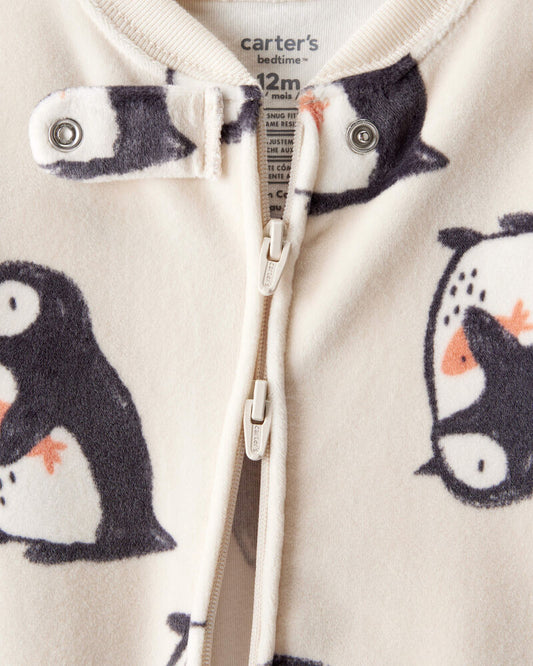 Carter's Baby Boy Penguin DreamPlush Long-Sleeve Snug Fit 1-Piece Pajamas - Cream