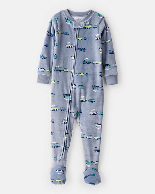 Carter's Baby Boy Train DreamPlush Long-Sleeve Snug Fit 1-Piece Pajamas - Blue/Grey