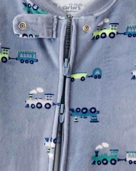Carter's Baby Boy Train DreamPlush Long-Sleeve Snug Fit 1-Piece Pajamas - Blue/Grey