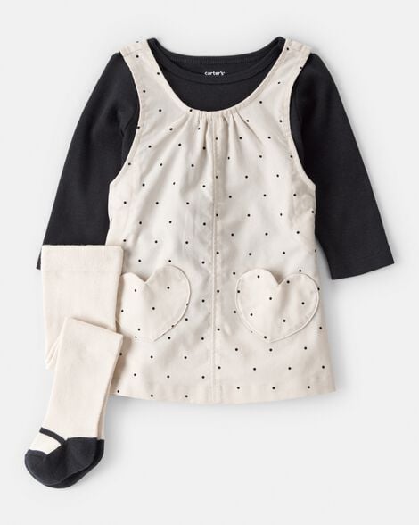 Carter's Baby Girl 3-Piece Heart Print Long-Sleeve Dress Set - Ivory/Black